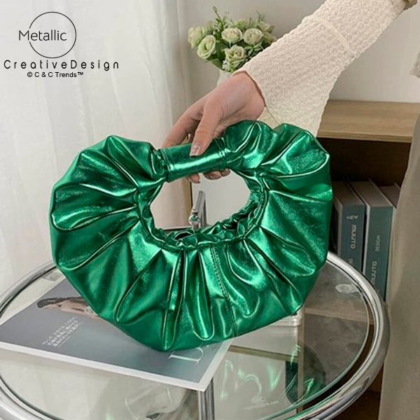 Metallic Pleated Circular Party Purse Clutches 9