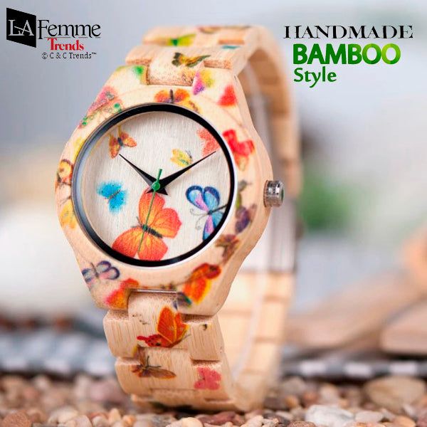 Printed Butterfly Handmade Bamboo Casual Watch 1