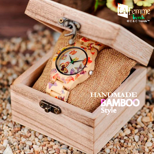 Printed Butterfly Handmade Bamboo Casual Watch 5
