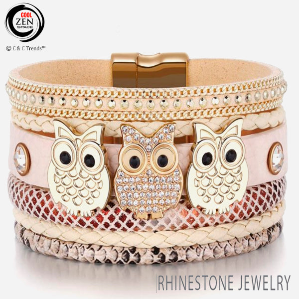Cool Rhinestone Owl Leather Boho Bracelet 1