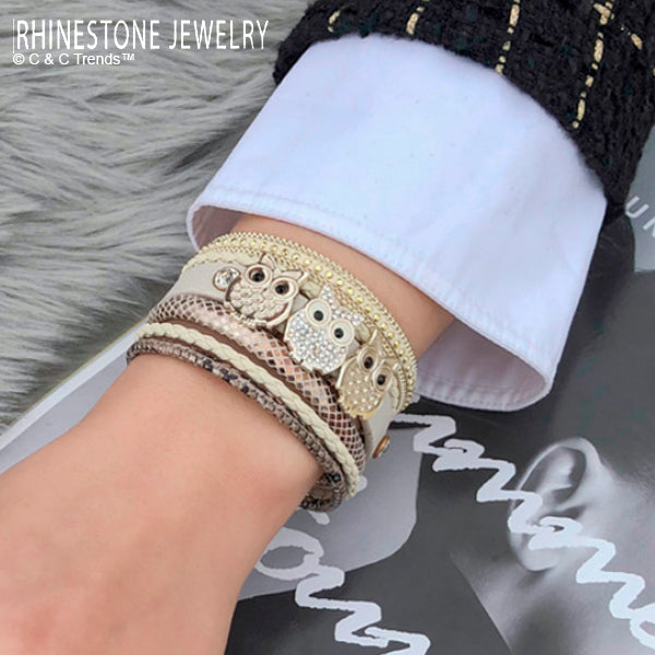 Cool Rhinestone Owl Leather Boho Bracelet 7