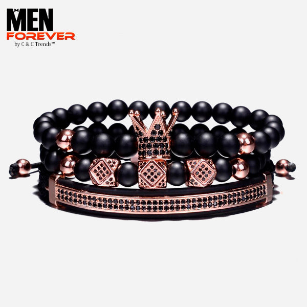 Crown Style Black Natural Stone Beads Bracelets (3Pcs)