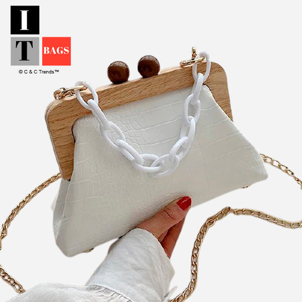 Hinge Wood Closure Chain Trendy Handbag 1a