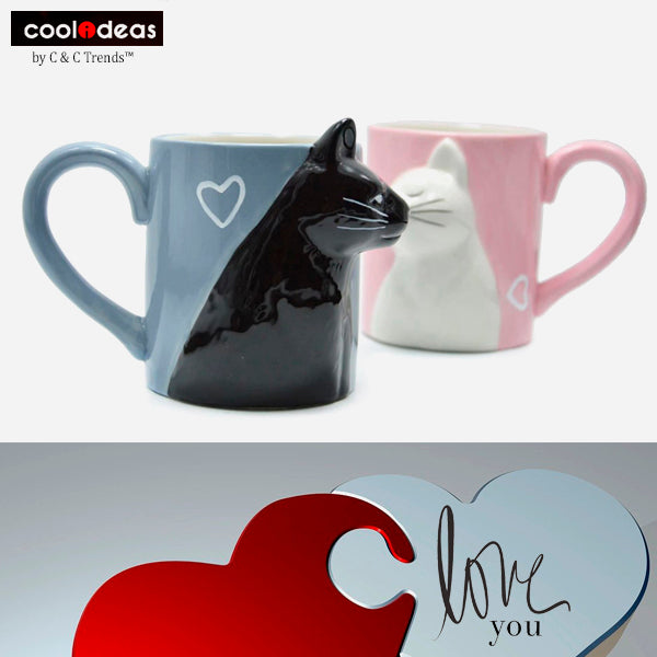 Handmade Kissing Cats Mugs Couple Set 6a
