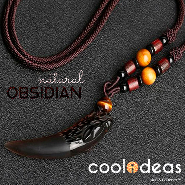 Natural Obsidian Wolf Tooth Talisman Pendant