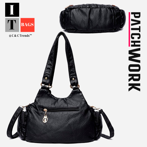 Patchwork Style Vegan Leather Multi Pocket Tote Bag 5