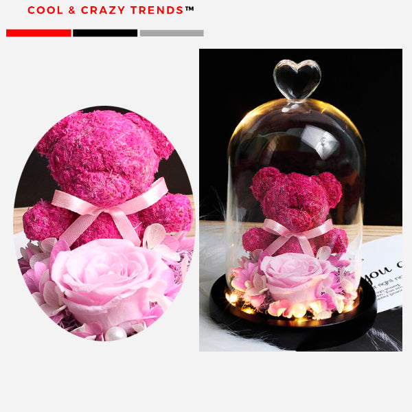 Romantic Teddy Bear & Eternal Rose in Glass Dome