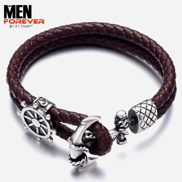 Stainless Steel Anchor Leather Bangles 9b